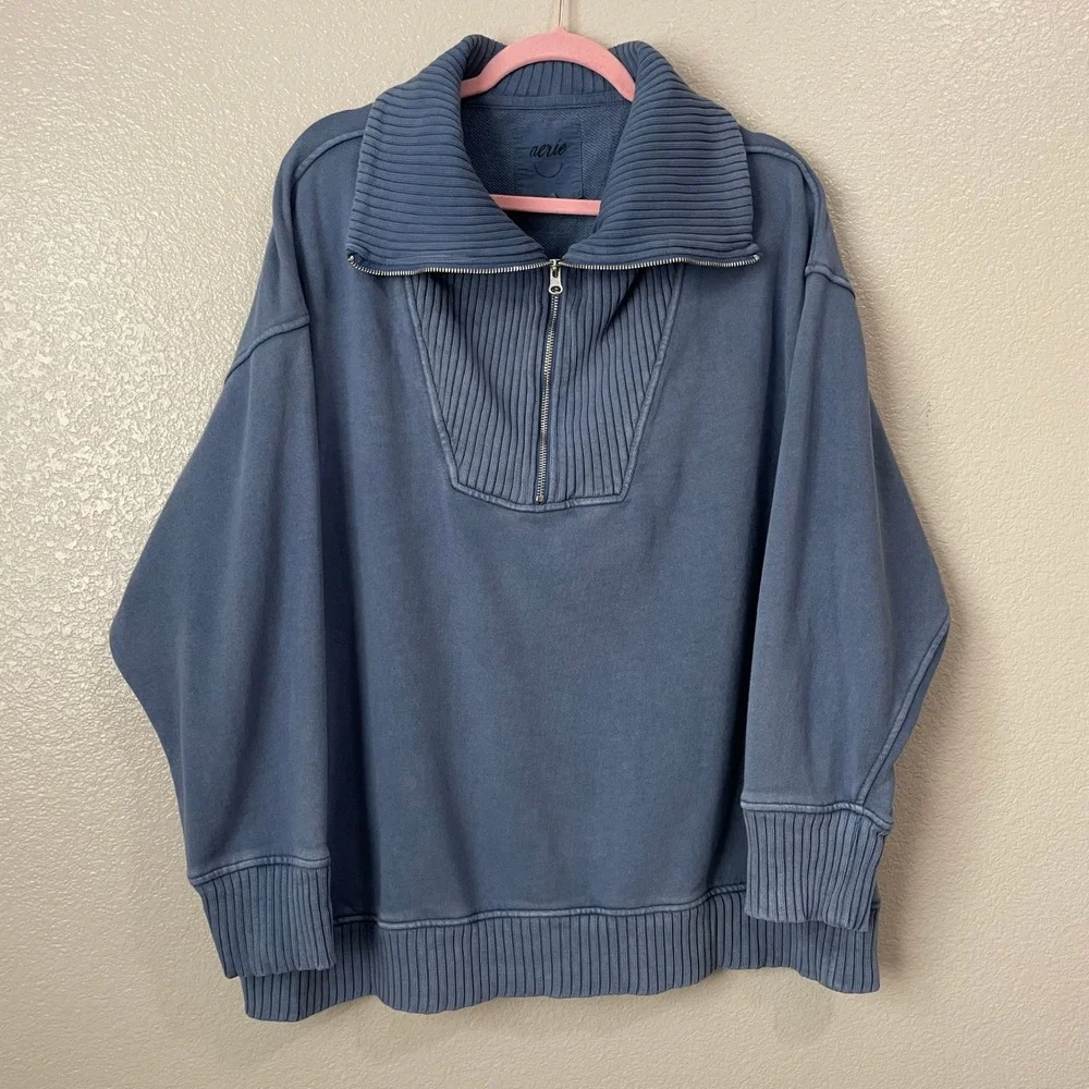 Aerie Sweatshirt Womens Large Blue Oversized Quarter Zip Ribbed Trim Cozy Cotton - Picture 3 of 11